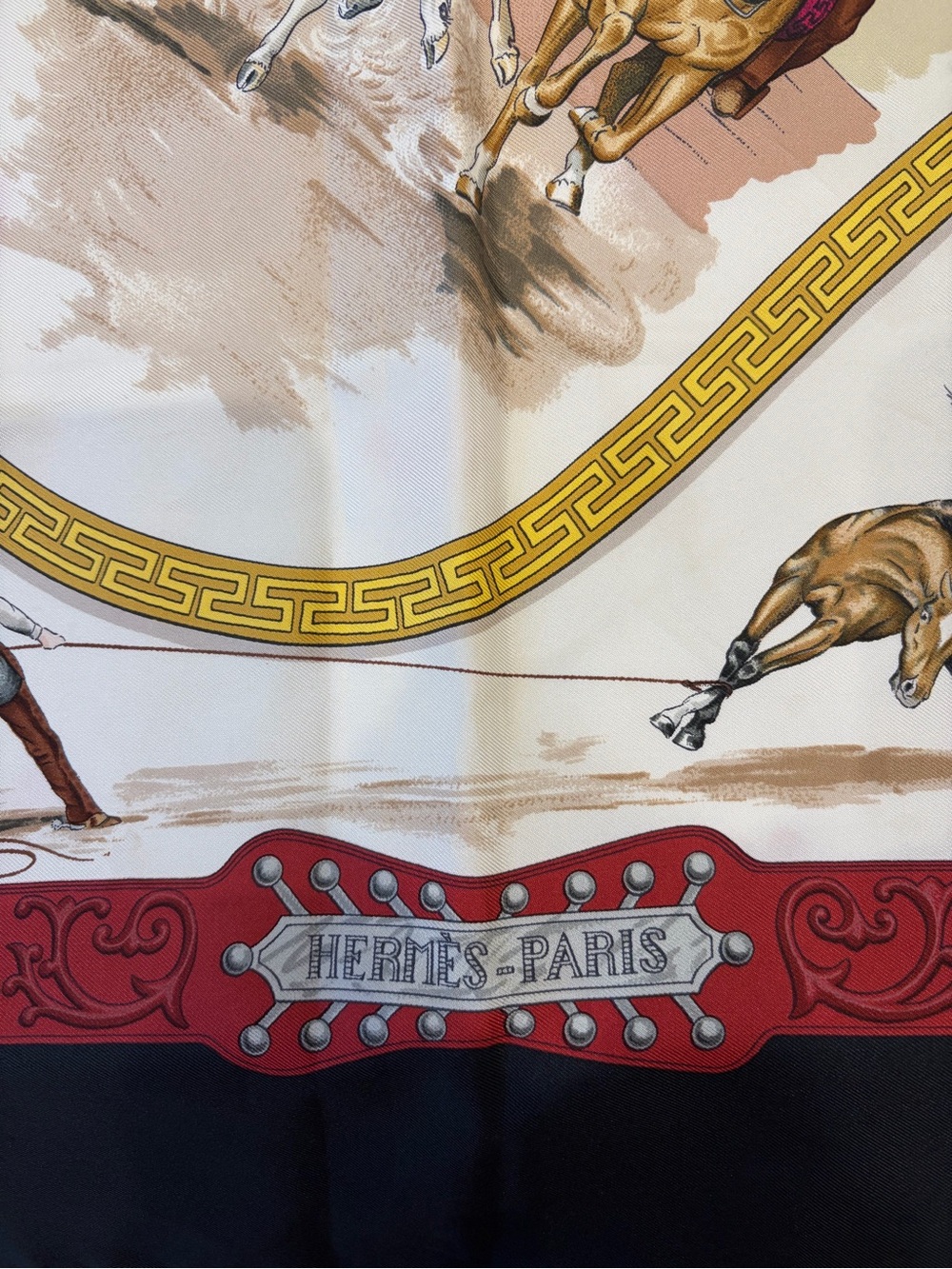 Hermes Equestrian Silk Scarf in Navy, Cream, Red, Gold and Brown - Picture 2 of 4